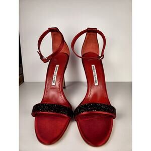 Manolo Blahnik Red Satin Crystal Stiletto Sandals EU 39.5 US 9.5 Unworn Heels